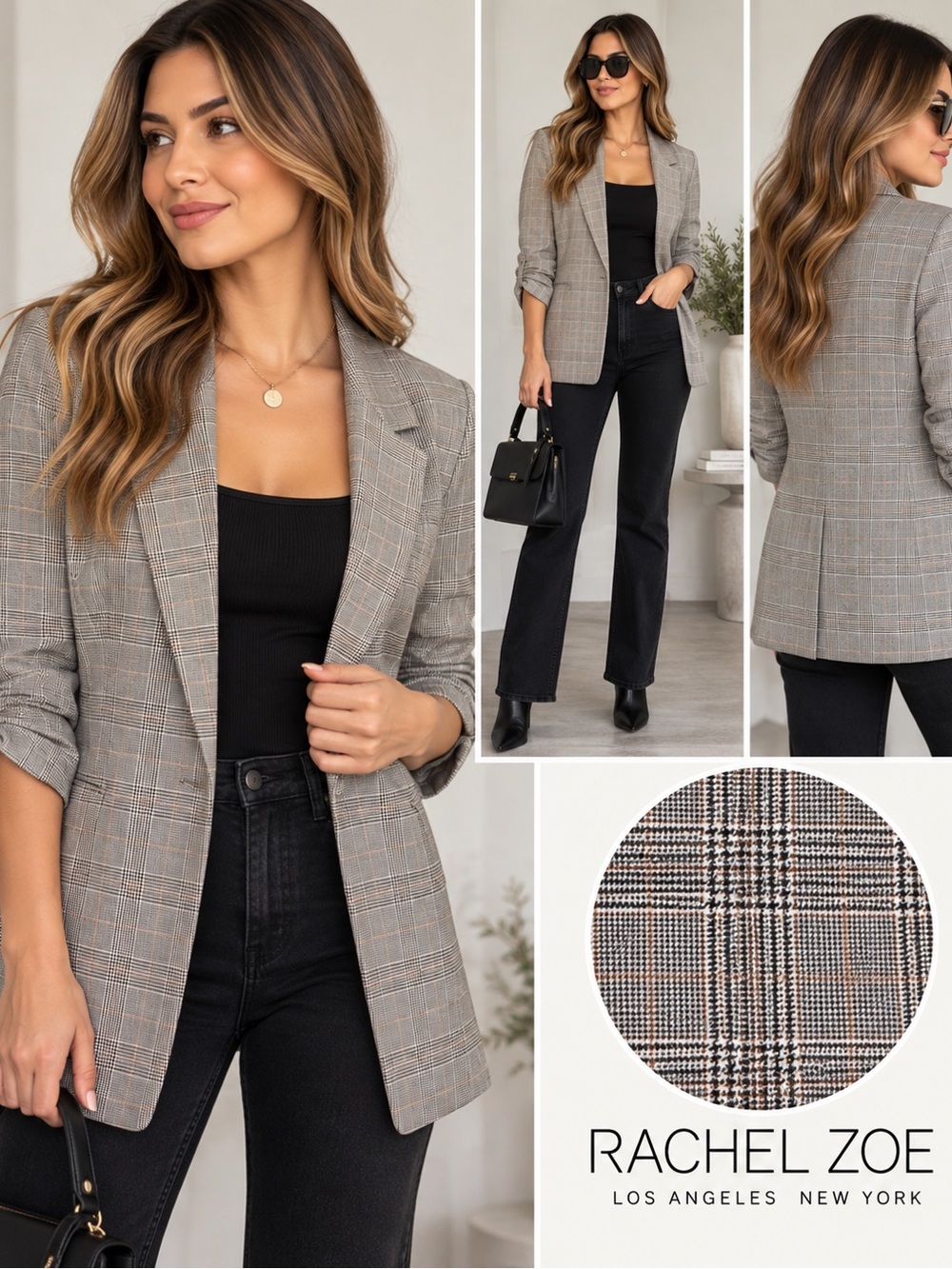 Rachel Zoe Plaid Long Blazer Jacket Gray Brown Size S Ruched Sleeves